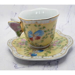 Baum Formalities Yellow Butterfly Tea Cup and Saucer Set With Gold Trim